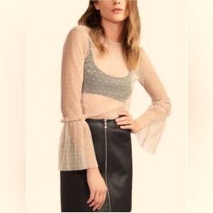 Avec Les Filles Sheer Nude Mesh Dot Trumpet Sleeve Top